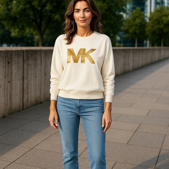 Michael Kors Women's Gold Logo Crew Neck Sweatshirt Size M - Picture 1 of 5